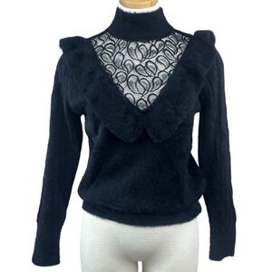 FLAM‎ MODE Womens (M) Black Lace Mock Neck Whimsigoth Fuzzy Sweater Goth Mobwife